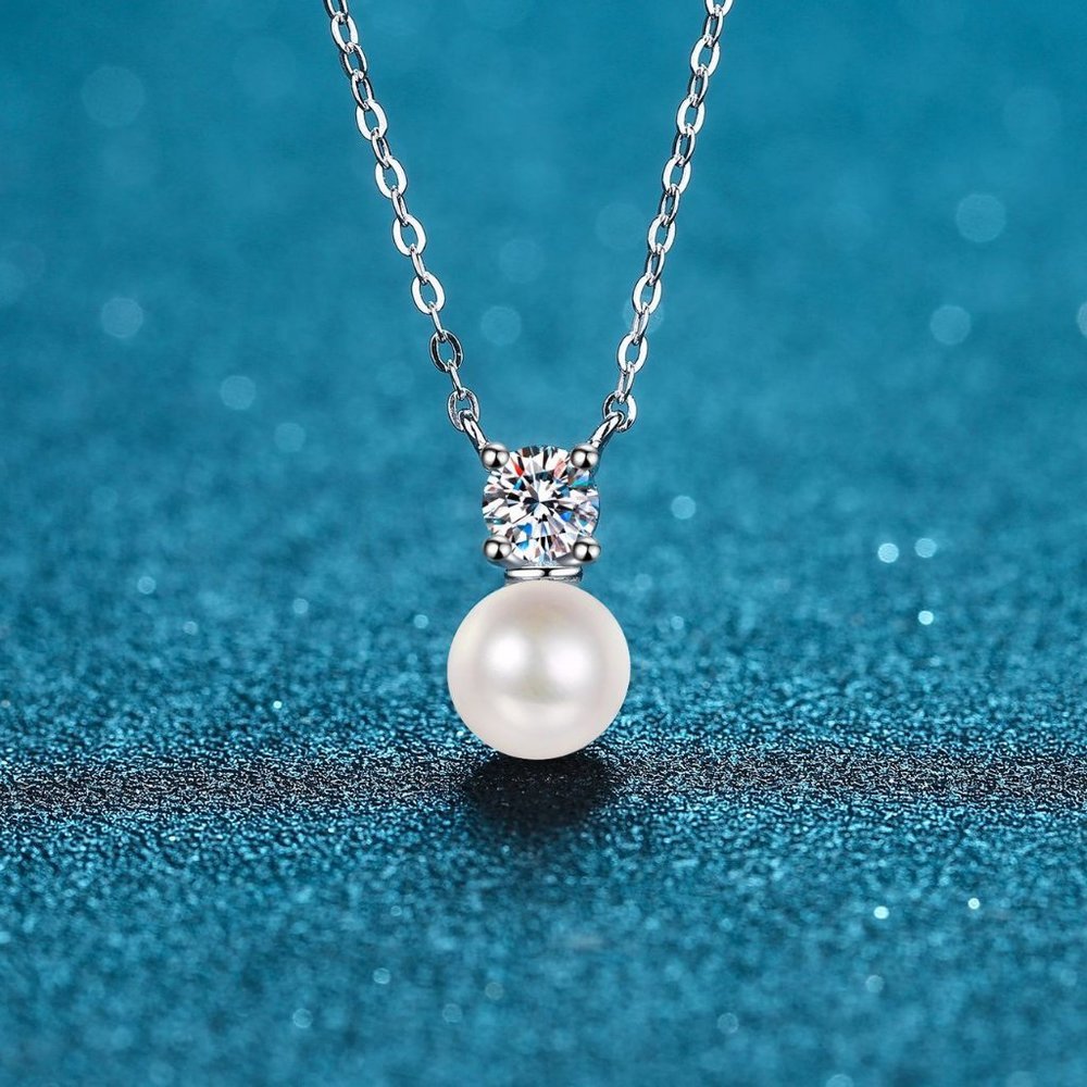 Certified 1/2ct. t.w. Diamond Moissanite Fresh Water Pearl Necklace NEW - Picture 5 of 8
